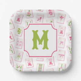 Watercolor Pink & Green Bow Mahjong Tiles Monogram Pappteller