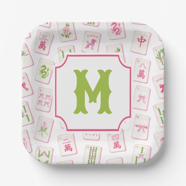 Watercolor Pink & Green Bow Mahjong Tiles Monogram Pappteller (Vorderseite)
