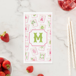 Watercolor Pink & Green Bow Mahjong Tiles Monogram Serviette