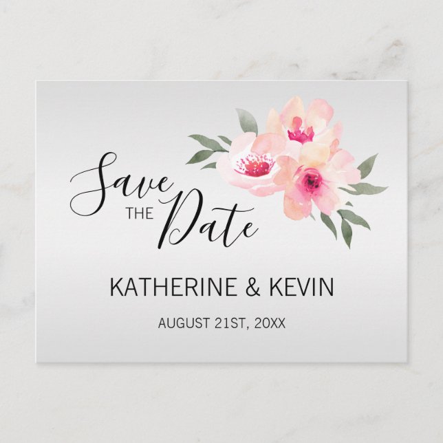 Watercolor Pink Grey Floral Hochzeit SPEICHERN DAS Ankündigungspostkarte (Vorderseite)