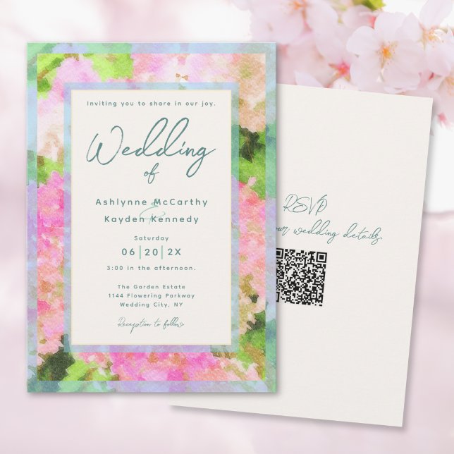 Watercolor Pink Hydrangea Garden QR Code Wedding  Einladung (Von Creator hochgeladen)