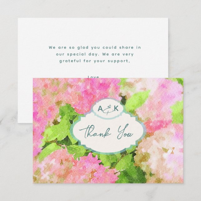 Watercolor Pink Hydrangea Garden Wedding Monogram  Dankeskarte (Vorne/Hinten)