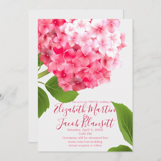 Watercolor Pink Hydrangea Virtual Wedding Einladung (Vorne/Hinten)