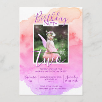 Watercolor Pink Lila Girl BURTTAG 2. ZWEI JAHRE Einladung