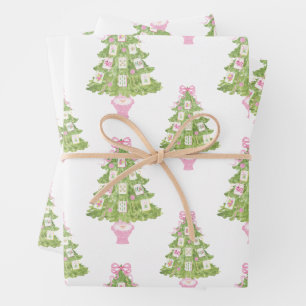 Watercolor Pink Mahjong Weihnachtsbaum Geschenkpapier Set