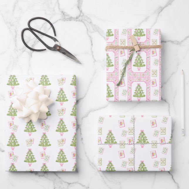 Watercolor Pink Mahjong Weihnachtsbaum Geschenkpapier Set (Vorderseite)