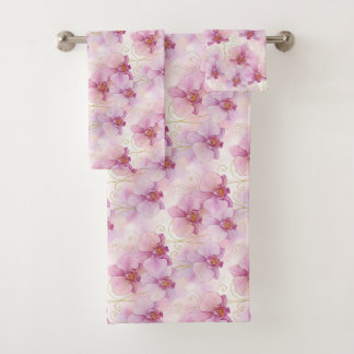 Watercolor Pink Orchid Flowers Floral Badhandtuch Set