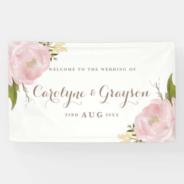 Watercolor Pink Peonies Wedding Banner (Horizontal)