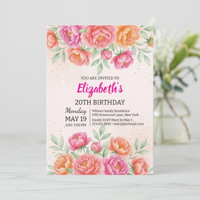 Watercolor Pink Peony Floral Birthday Einladung (Stehend Vorderseite)