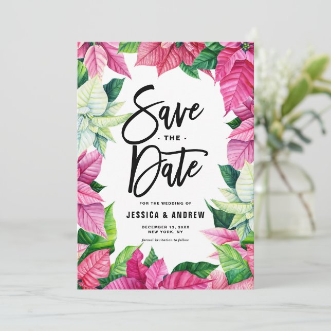 Watercolor Pink Poinsettia Winter Save The Date (Stehend Vorderseite)