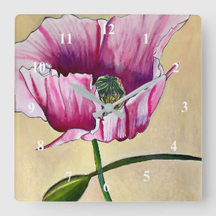 Watercolor pink poppy art flower quadratische wanduhr