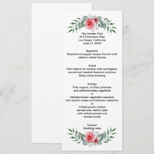 Watercolor Pink Rose Grüne Blätter Hochzeitsmenü