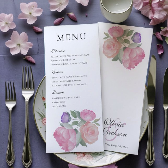  Watercolor Pink Rose & Peonie Wedding Menu Menükarte (Von Creator hochgeladen)