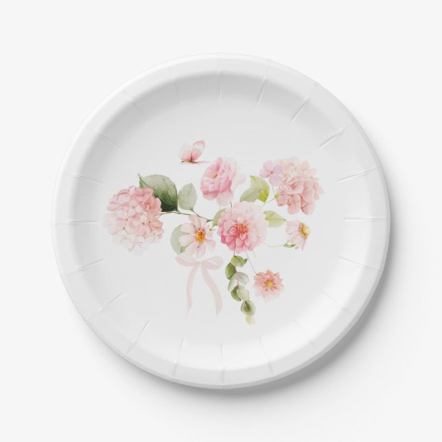 Watercolor Pink Roses Hydrangea Funeral  Pappteller (Vorderseite)