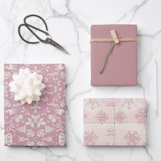 Watercolor Pink Snowflake Reindeer Tree Christmas  Geschenkpapier Set (Vorderseite)