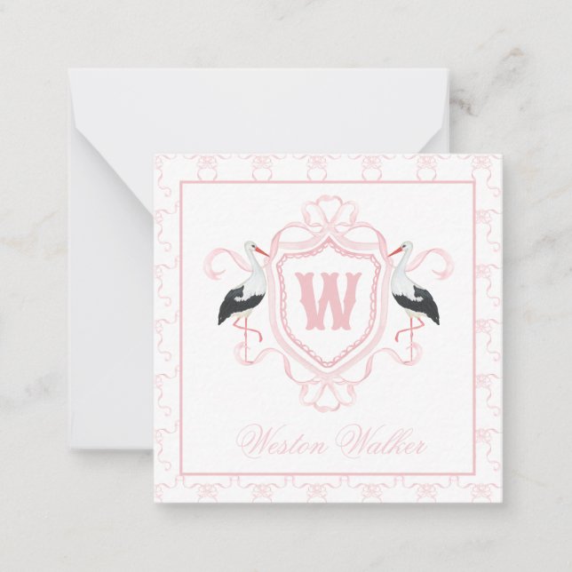 Watercolor Pink Stork Bow Monogram Crest Mitteilungskarte (Vorderseite)