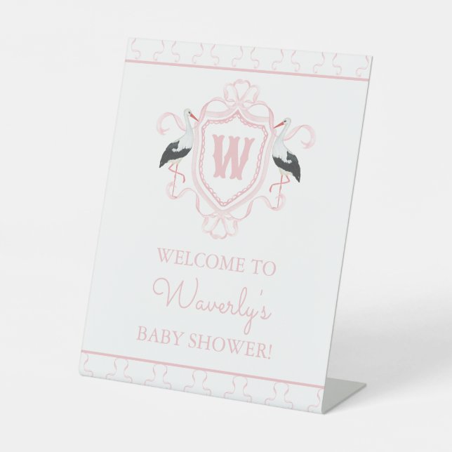 Watercolor Pink Stork Bow Monogram Crest Sockelschild (Vorderseite)