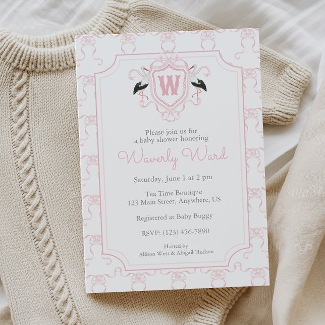 Watercolor Pink Stork Monogram Crest Baby Shower Einladung (Von Creator hochgeladen)