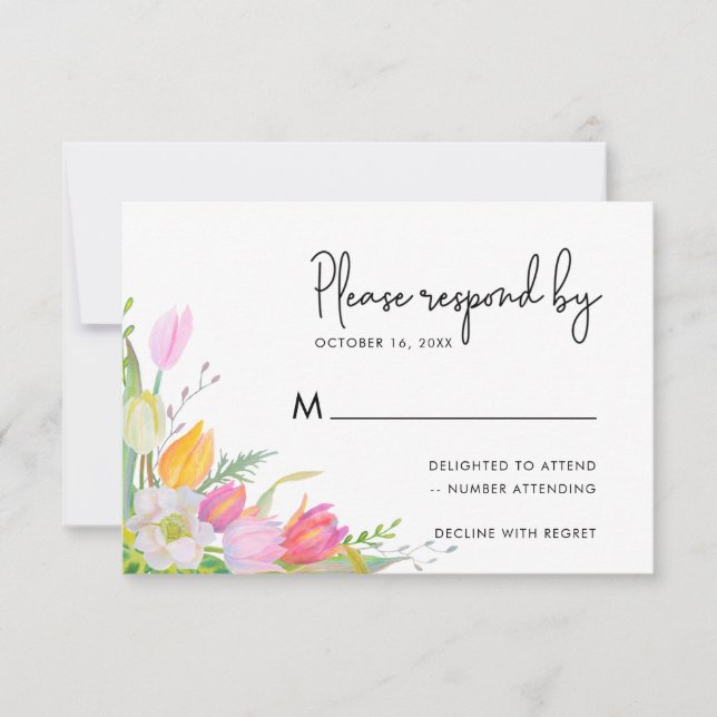 Watercolor Pink Tulip Script Wedding RSVP Card (Vorderseite)