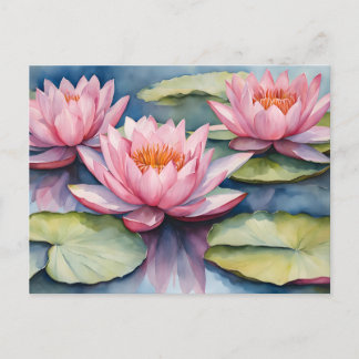 Watercolor Pink Water Lilies in the Pond  Postkarte