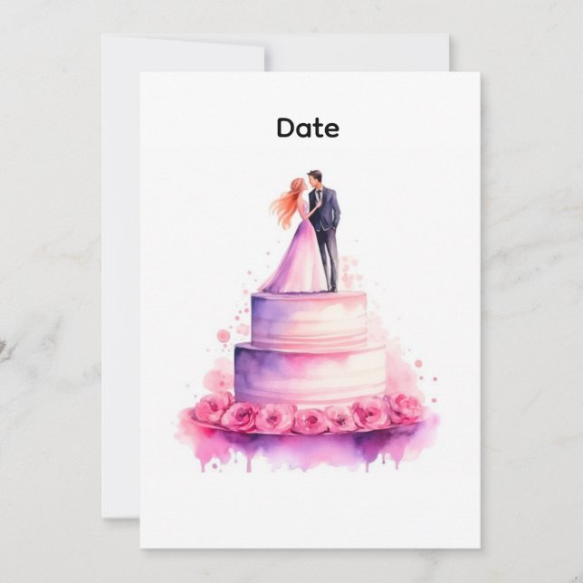 Watercolor Pink Wedding Cake Couple Invitation Einladung (Vorderseite)