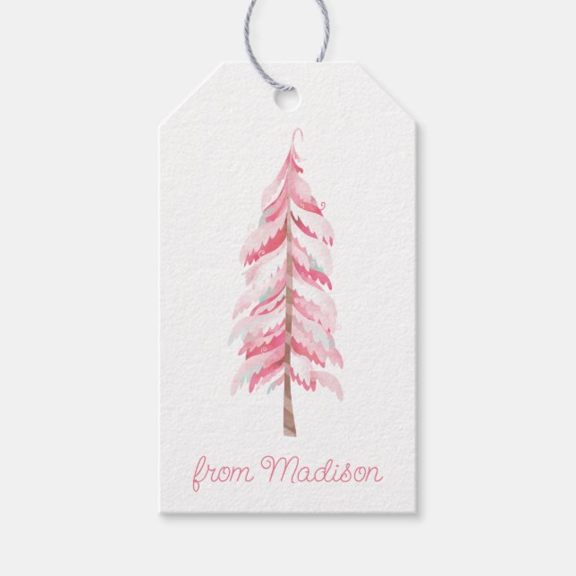 Watercolor Pink Weihnachtsbaum Geschenktasten Geschenkanhänger (Vorderseite)