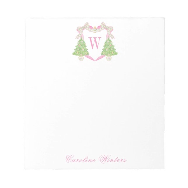 Watercolor Pink Weihnachtsbaum Monogram Wappen Notizblock (Vorderseite)
