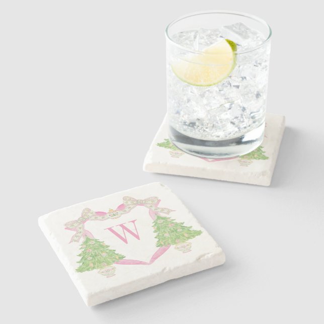 Watercolor Pink Weihnachtsbaum Monogram Wappen Steinuntersetzer (Seitenansicht)