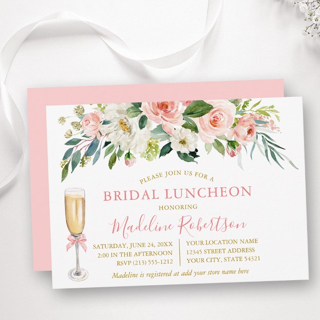 Watercolor Pink White Floral Bridal Lunch Gold  Einladung (Customize to change text color, text style or color of back of card.)