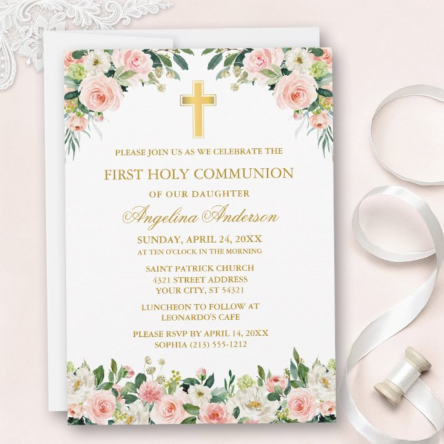 Watercolor Pink White Floral Communion Gold Einladung (Customize to change text size, text style or color.)