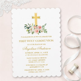 Watercolor Pink White Floral Gold Cross Communion Einladung