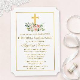 Watercolor Pink White Floral Gold Frame Communion Einladung
