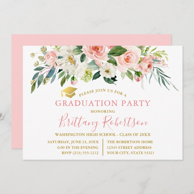 Watercolor Pink White Floral Gold Graduation Party Einladung (Vorne/Hinten)