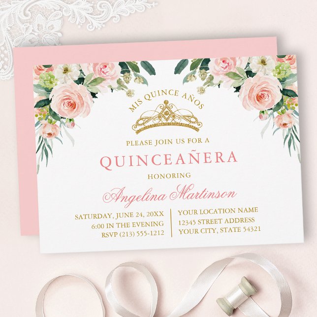 Watercolor Pink White Floral Gold Quinceanera Einladung (Customize to change text color, text style or color of back of card.)