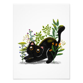 Watercolor Playful Black Cat with Flowers Fotodruck