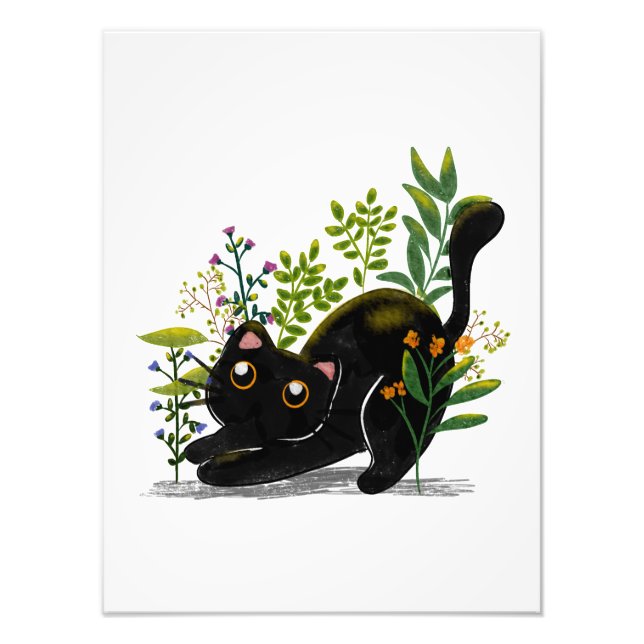 Watercolor Playful Black Cat with Flowers Fotodruck (Vorne)