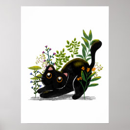 Watercolor Playful Black Cat with Flowers Poster