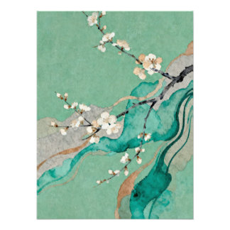 Watercolor Plum Blossoms on Teal Background Fotodruck