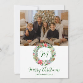 Watercolor Poinsettia Christmas Wreath Monogram Feiertagskarte