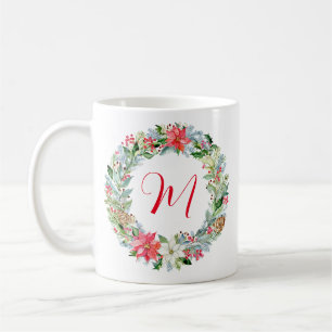 Watercolor Poinsettia Christmas Wreath Monogram Kaffeetasse