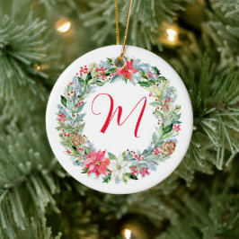 Watercolor Poinsettia Christmas Wreath Monogram Keramik Ornament