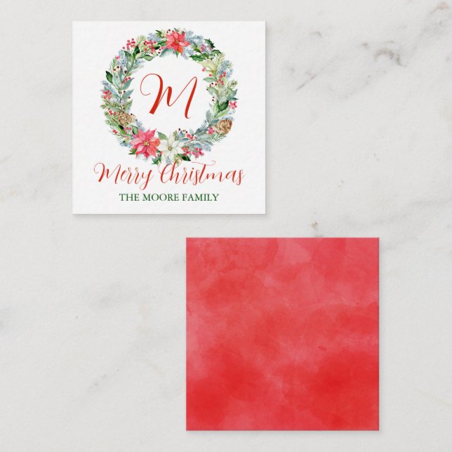 Watercolor Poinsettia Christmas Wreath Monogram Mitteilungskarte (Vorne/Hinten)