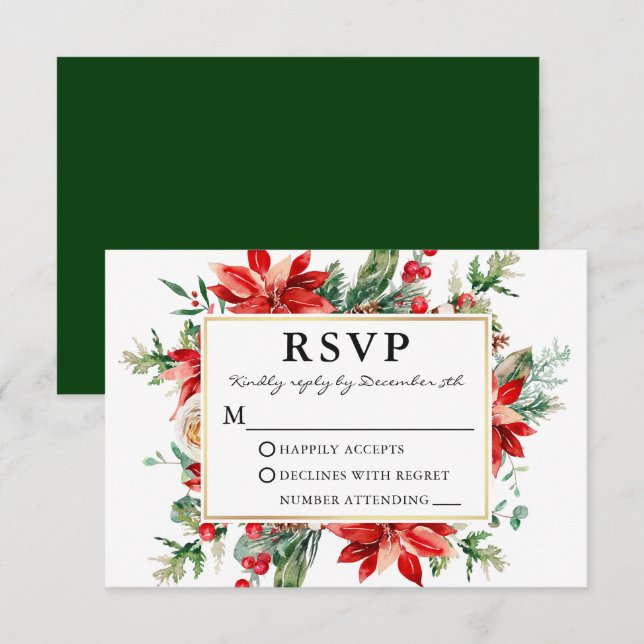 Watercolor Poinsettia Floral Green Wedding RSVP Karte (Vorne/Hinten)