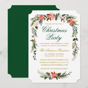 Watercolor Poinsettia Gold Green Christmas Party Einladung