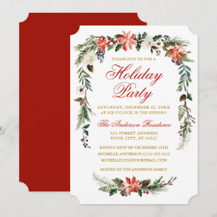 Watercolor Poinsettia Gold Red Holiday Party Einladung