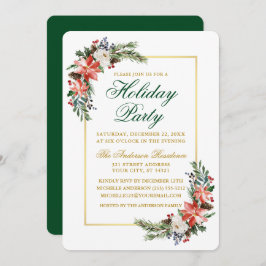 Watercolor Poinsettia Holiday Party Gold Green Einladung