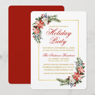 Watercolor Poinsettia Holiday Party Gold Rot Einladung