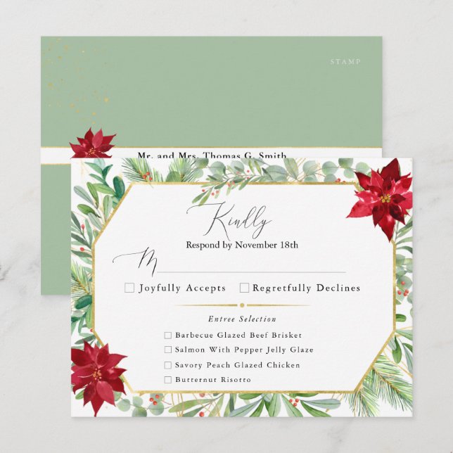 Watercolor Poinsettia Holiday Wedding RSVP Postkarte (Vorne/Hinten)