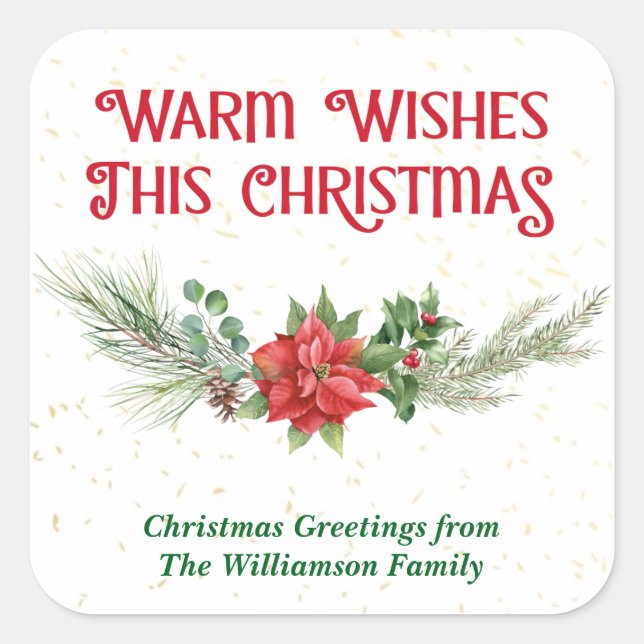 Watercolor Poinsettia Holly Bouquet Christmas Quadratischer Aufkleber (Vorderseite)