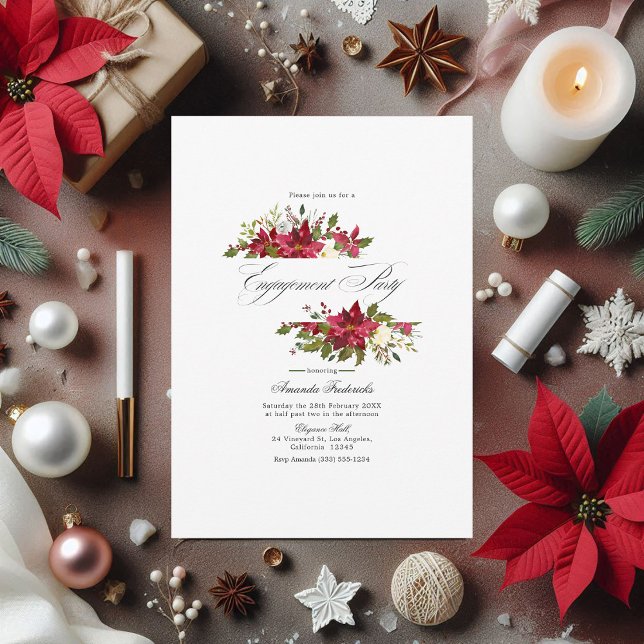 Watercolor Poinsettia & Holly Christmas Verlobung Einladung (Watercolor Poinsettia & Holly Christmas Engagement Invitation)